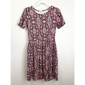 Lularoe Amelia Dress Women's Size M Pink Geometric Pleated Pockets Stretch